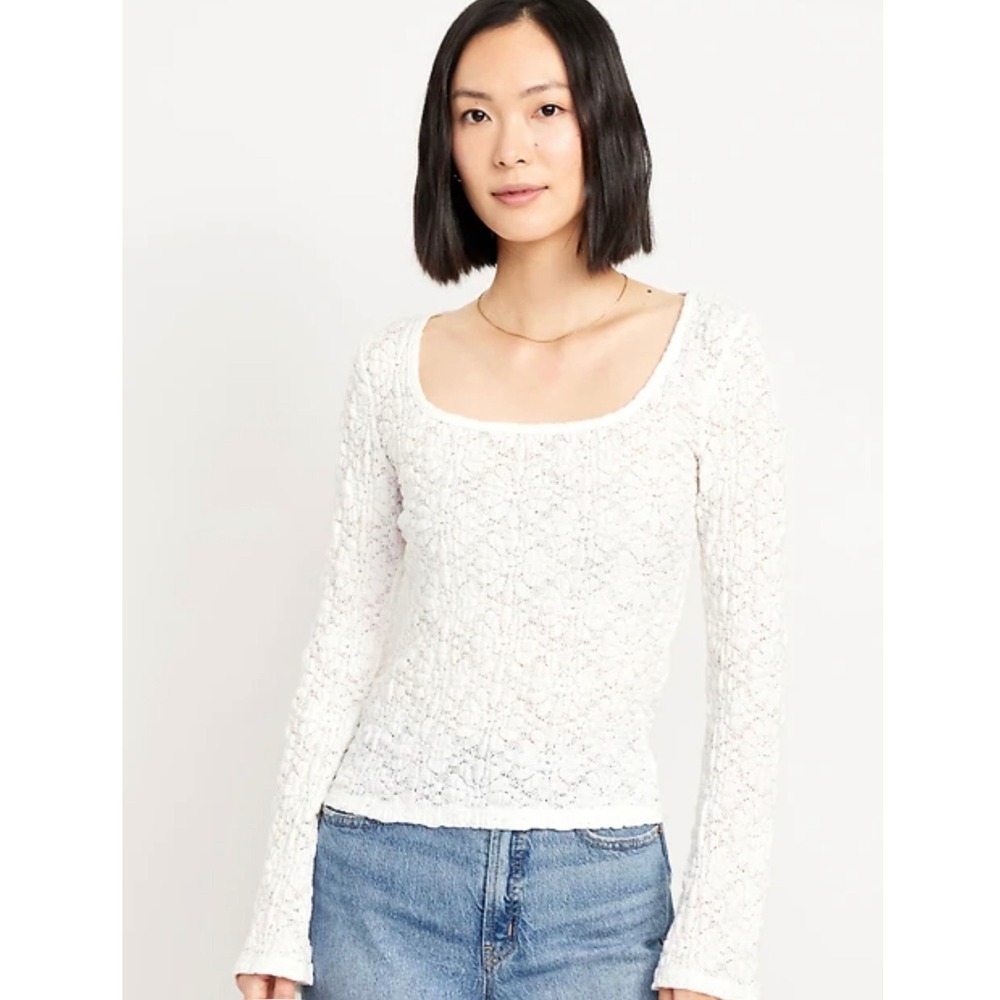 Old Navy NWT Textured Lace Scoop Neck Top Women XL White-Sea Salt Flare Sleeve